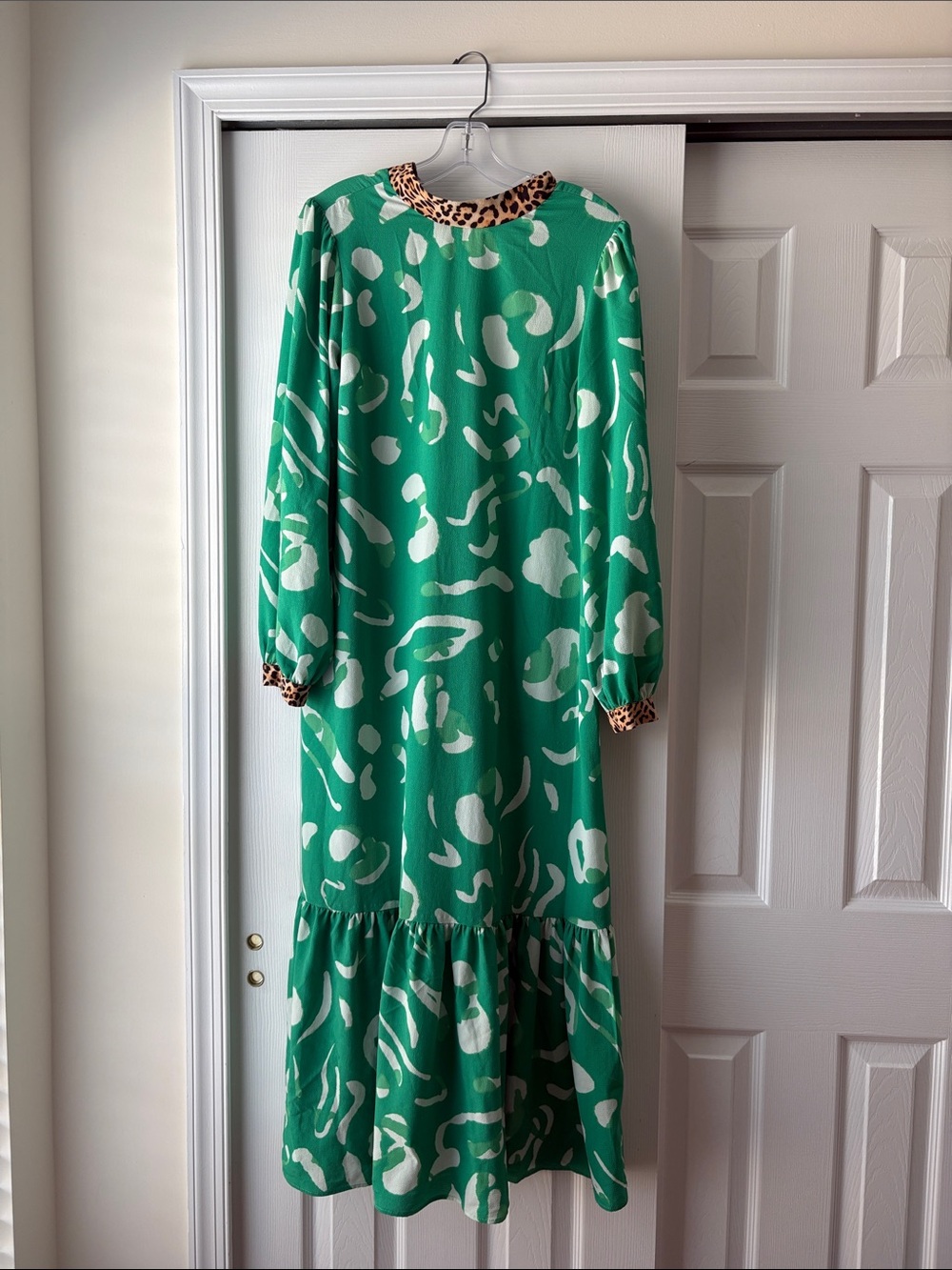 ASOS Green Abstract Print Long Sleeve Maxi Dress with Leopard Trim